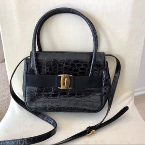 Ferragamo Crocodile Embossed Blk Leather Crossbody